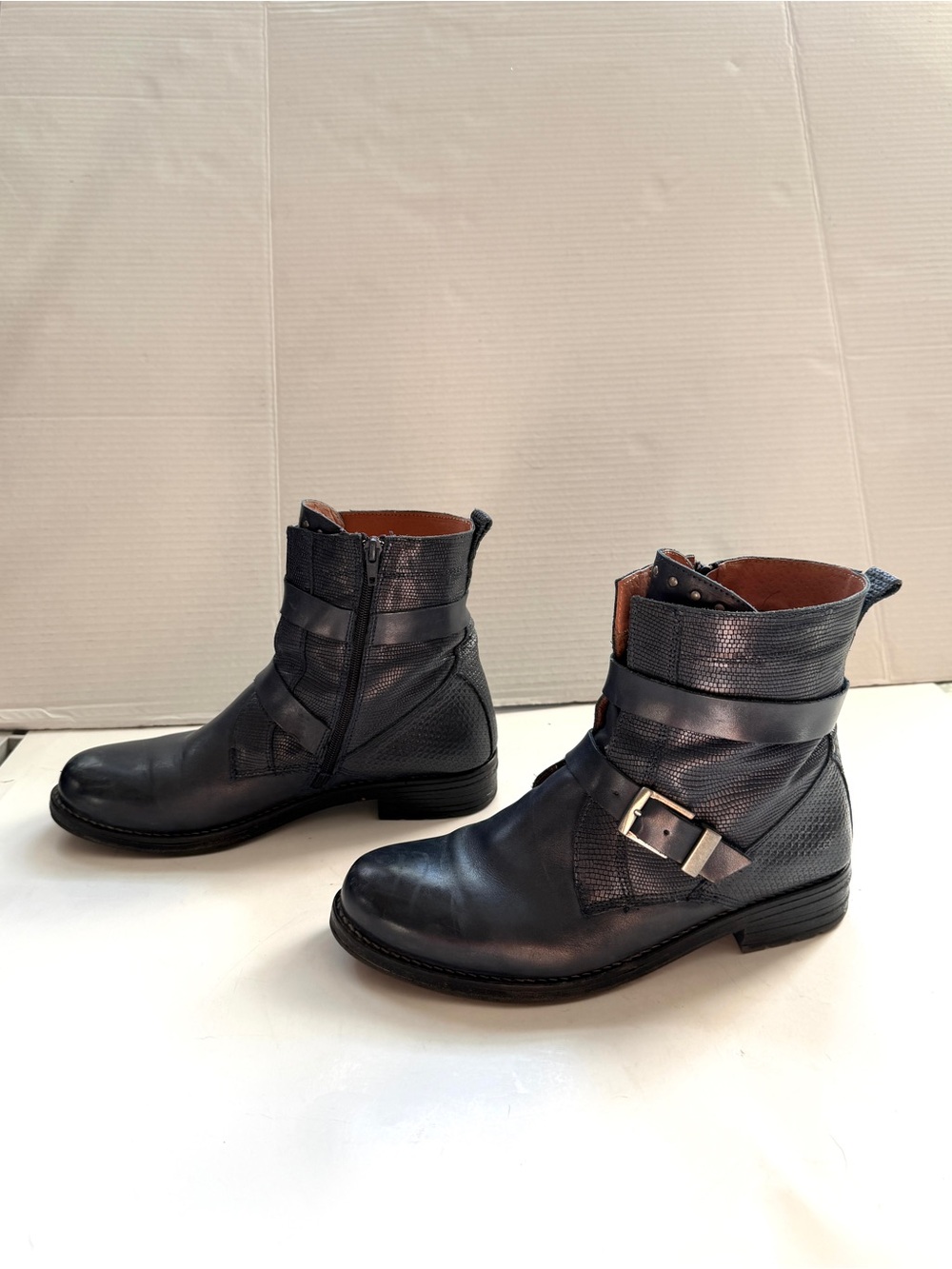 Eric Michael Carlotta Leather Moto Biker Boots Blue EU 41 Buckle Y2K Grunge